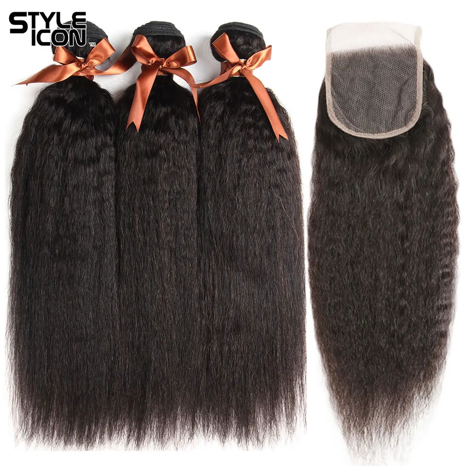 

Styleicon 3 Bundles Kinky Straight Hair with Closure 100% Peruvian Human Hair Weave with Lace Closure Non-Remy Hair Weaving