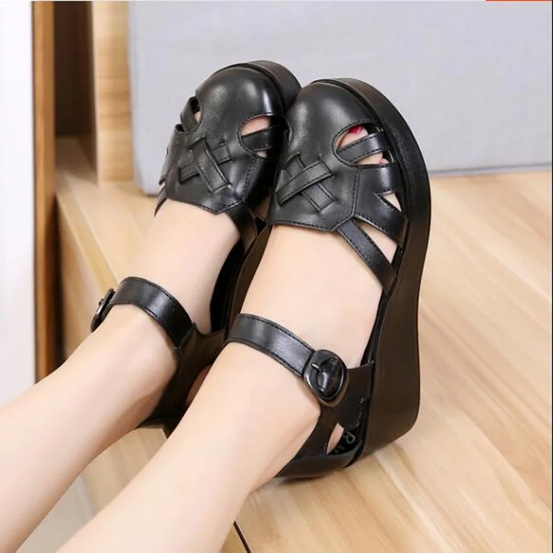 2023 Summer Women Sandal Woman Genuine Leather Wedges Shoes Casual Sandals handmade pure cowhide  Platform Sandals