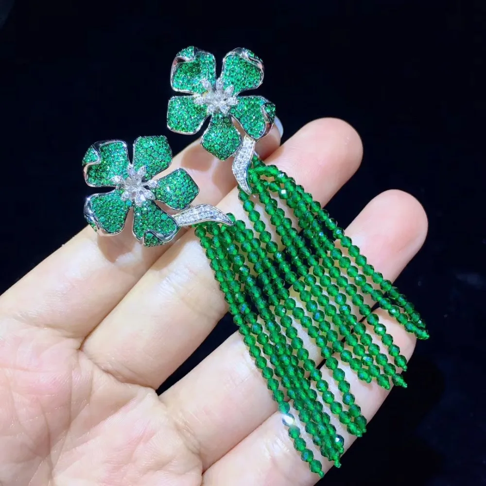 

long tassels earring green agate 925 sterling silver flower drop earring party fine women jewelry free shipping