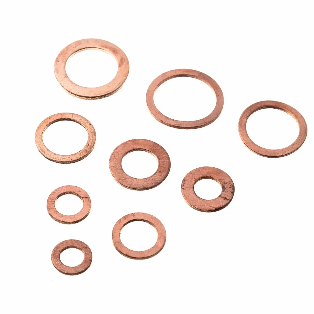 ZENHOSIT 200pcs Flat Ring Oil Brake Seal Washer 9Sizes Solid Copper Crush Washer Gasket M5-M14 Copper Washer for Hardware Kit