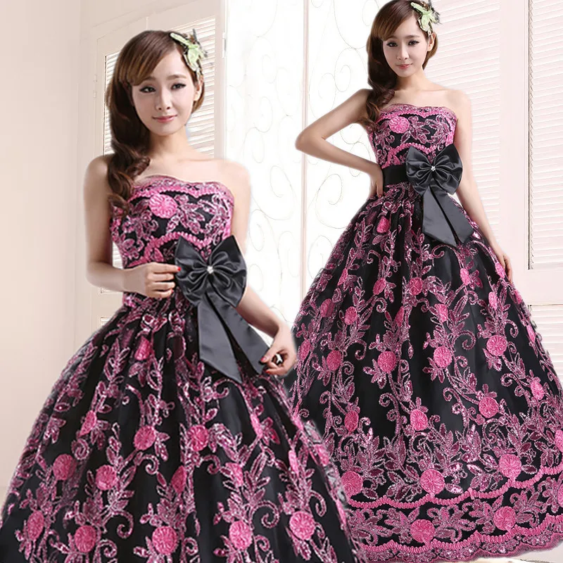 

Free ship black sequined pink flower embroidery beading ball gown royal Medieval Renaissance Victorian dress Belle ball