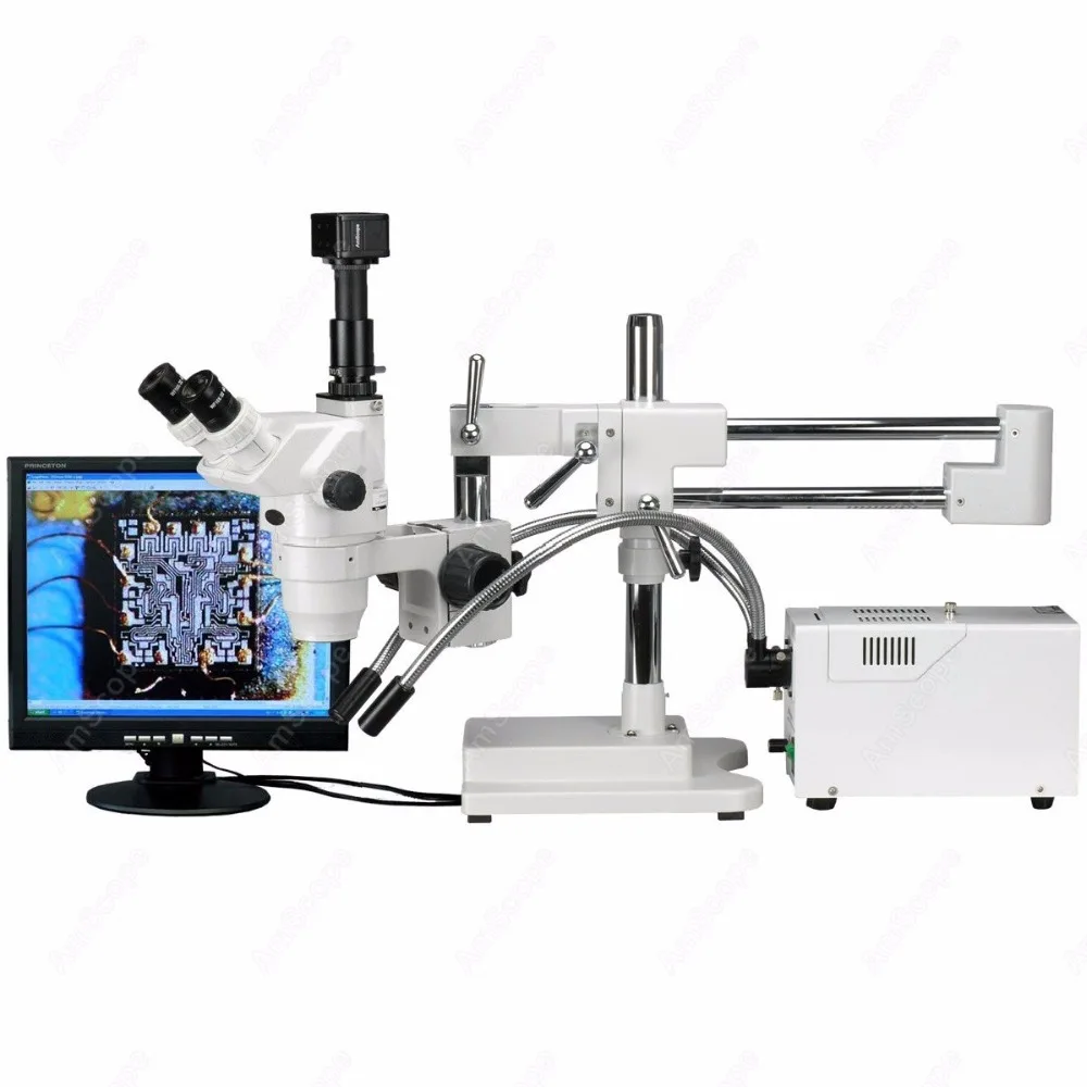 

AmScope Zoom Trinocular Stereo Microscope 2X-225X on Double ArmStand+ Fiber Dual Gooseneck Light + 9MP Digital Camera