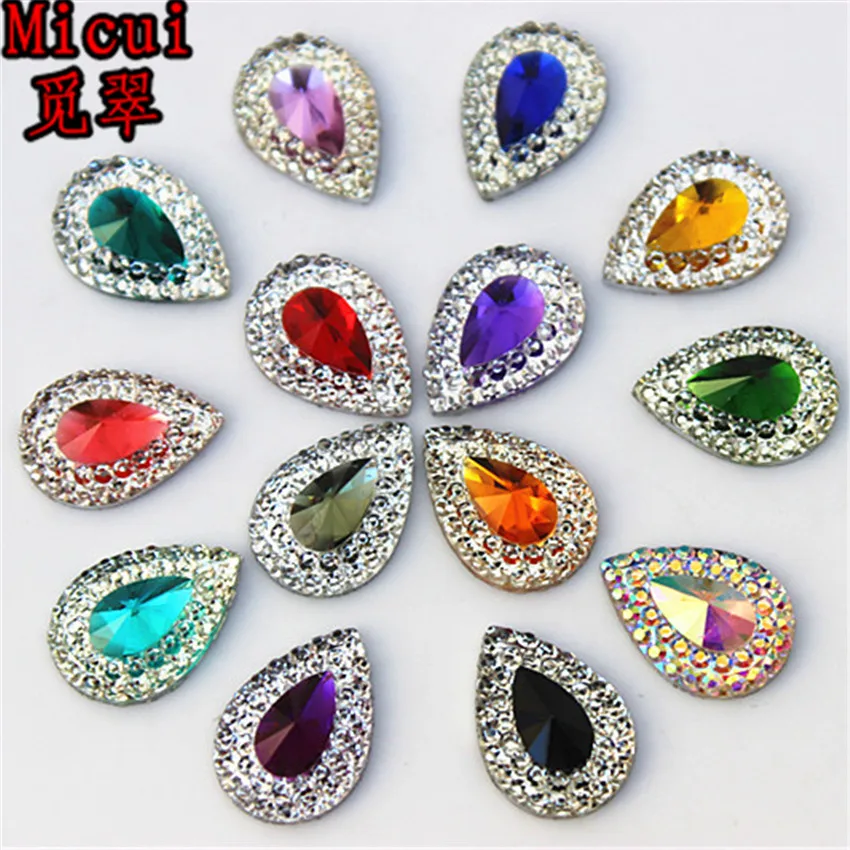 Micui 50pcs 10*14mm Colore Misto di Goccia In Resina Strass di Cristallo Della Resina Album di Nozze Appliques FAI DA TE MC284