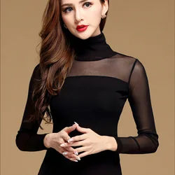 Tops Frauen Bluse Shirt Schwarz Weiß Sexy Lange Beiläufige Lange Hülse Spitze Blusas Unter Shirts Elastischen Tops und Blusen Frauen neue