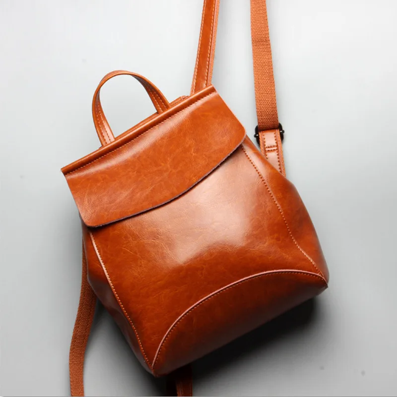 Fashion Women Leather Backpack Solid Oil Wax Leather Female Backpack Brand Designer High Quality Women Travel Backpack Bags