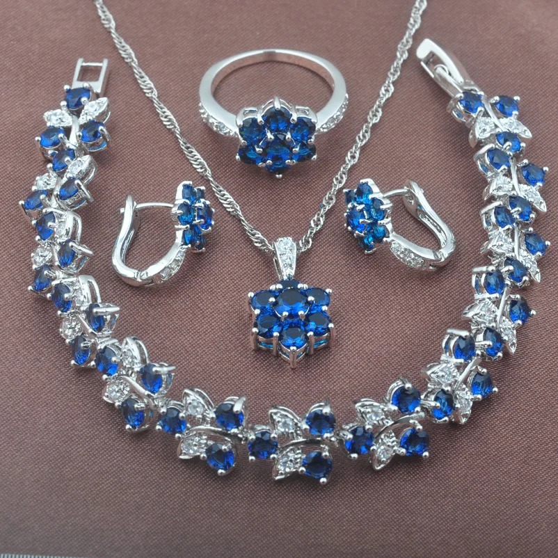 

Women's Blue Zirconia 925 Silver Jewelry Sets Party Gifts Necklace Pendant Earrings Rings Bracelet Free Gift Box YZ0502