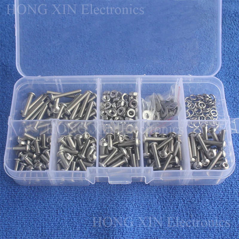 300pc/set Assortment Kit Stainless Steel Hex Socket Screw Bolt Nut M3 Button head Repair Tool Hardware Fasteners Accessories PCB