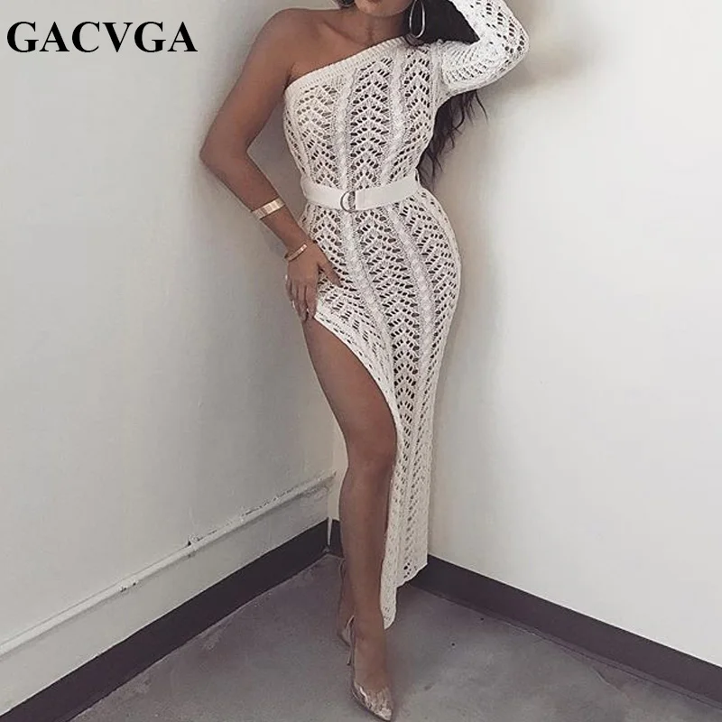 Gacvga Nieuwe Breien Lange Jurk Vrouwen Een Schouder Maxi Jurk Sexy Hollow Out Hoge Split Club Party Jurken Trui Vestido