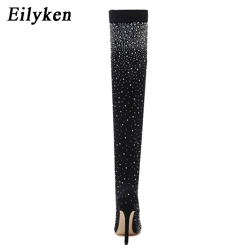 Eilyken Fashion Runway Crystal Stretch Fabric Sock Over-the-Knee Boot Thigh High Pointed Toe Woman Stiletto Heel Shoes