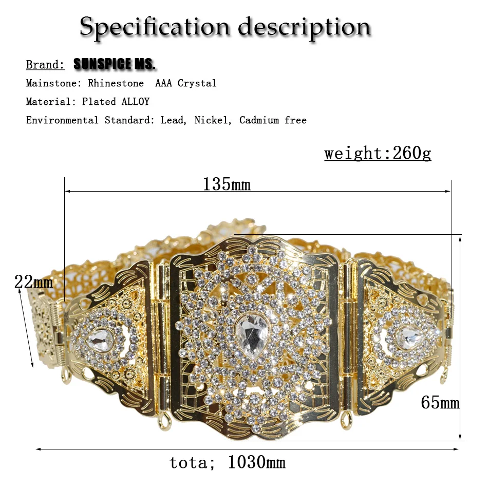Sunspicems Chic Moroccan Belt for Women Gold Silver Color Rhinestone Waist Chain Adjustable Bridal Caftan Belt Wedding Jewelry