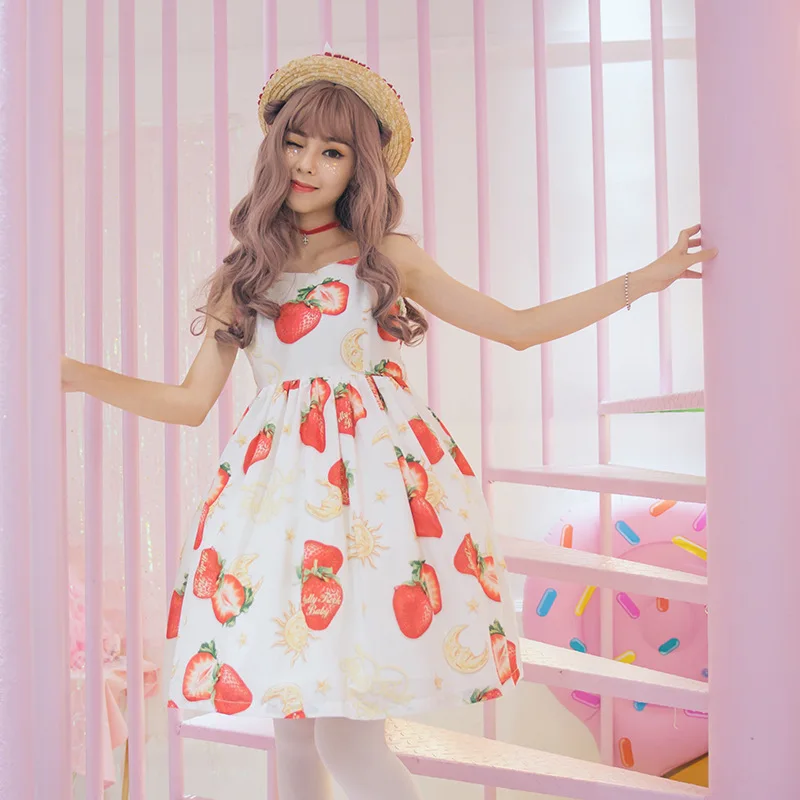 Vestido de princesa Kawaii japonés Strawberry Jsk Lolita, dulce vestido de señora de cintura alta con lazo