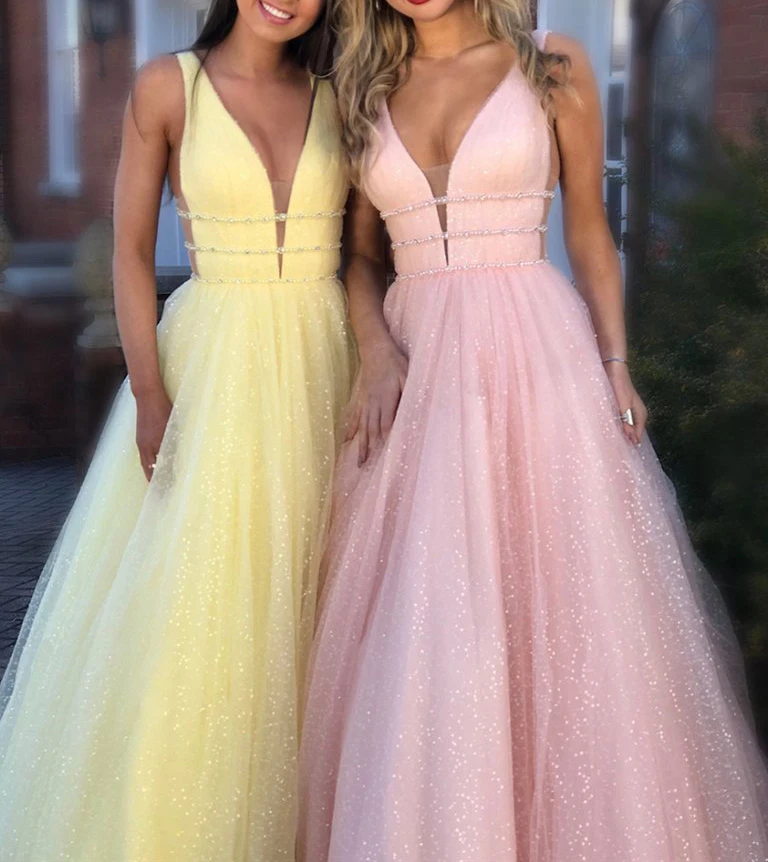 Sparkly A-Line Long Prom 드레스 V 넥 포멀 드레스 Vestidos De Gala Prom 가운, Robe De Soiree