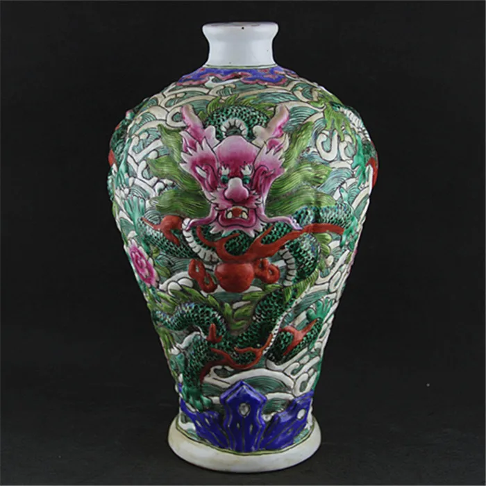 #06Rare Chinese QingDynasty porcelain vase,Pastel glaze,Carved dragon,Collection&Adornment,Free shipping