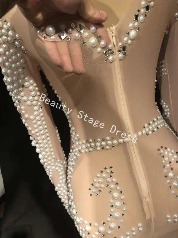 Sparkly Pearls Crystals Mesh Dress Sexy Rhinestones Perspective Dress Stage Outfit Wear Evening Celebrate Dance Costume Wear