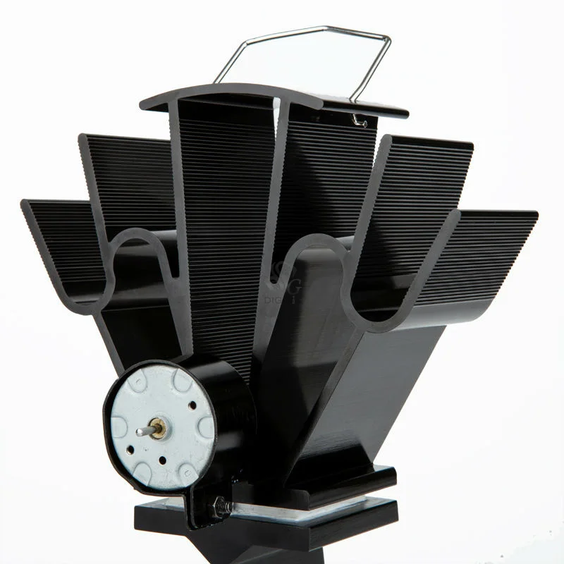 Ventilador de estufa alimentado por calor para ahorro de humo, estufa de leña de aluminio negro, 4 aspas, 16%