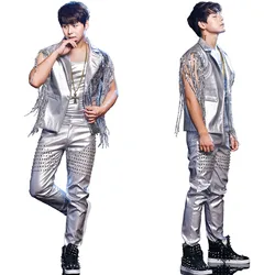 Jazz Dance Suit For Men Sexy Clothes Sequined Rivet Tops&Vest&Pants Male Bar Dj Dancers Vintage Drum Singer Stage Costumes BD115