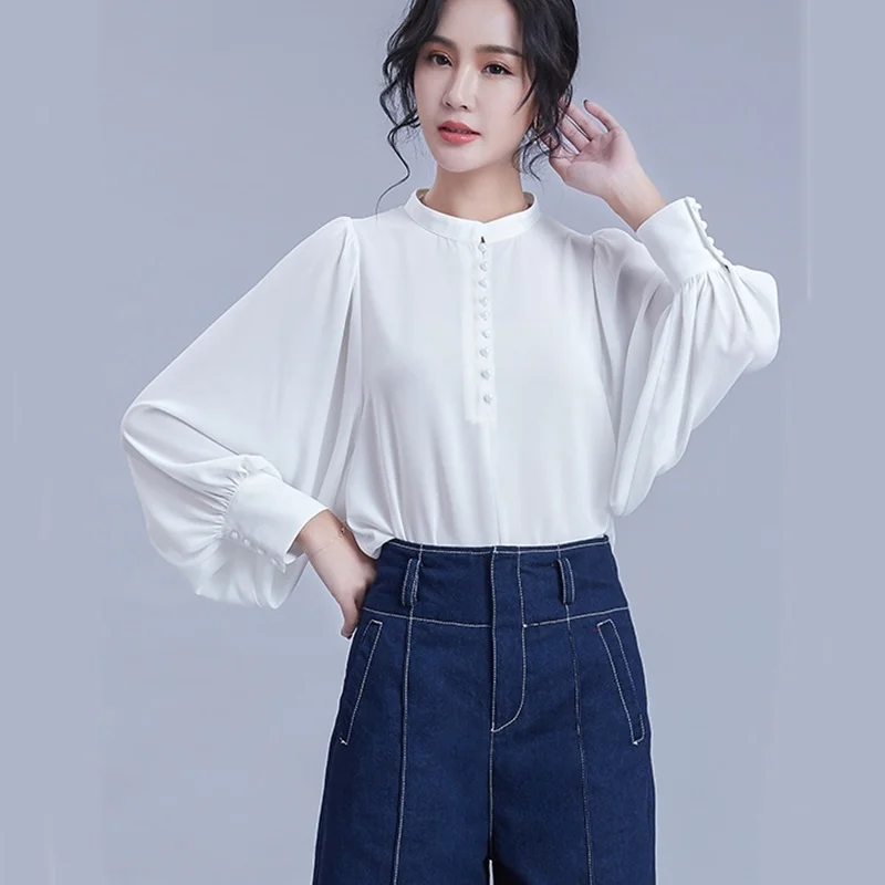 Warna Solid Korea Fashion Wanita Pakaian Blus Tombol Samping Kemeja Perempuan Balon Lengan Pakaian Kerja Wanita Atasan Musim Panas 2019 DD2134