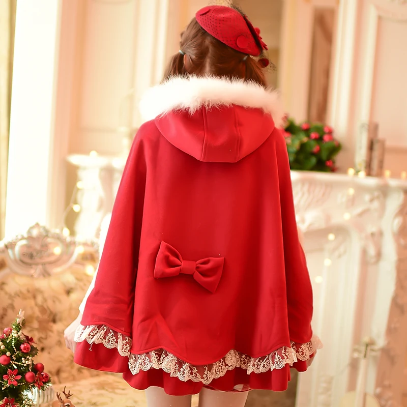 Princess sweet lolita coat Candy rain new winter christmas new year lace bow fur collar with chain hooded Woolen cloak C15CD5926