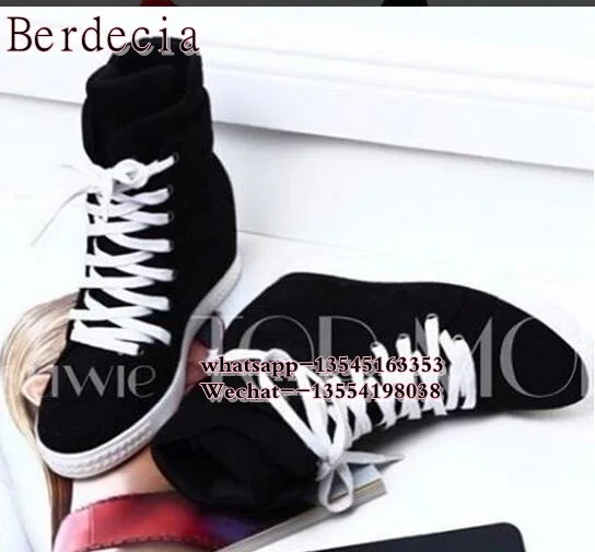 Leather Suede High Top Wedge Women Trainers Lace Up Embellished Black Sole Hidden Wedge Height Increasing Casual Shoes Woman