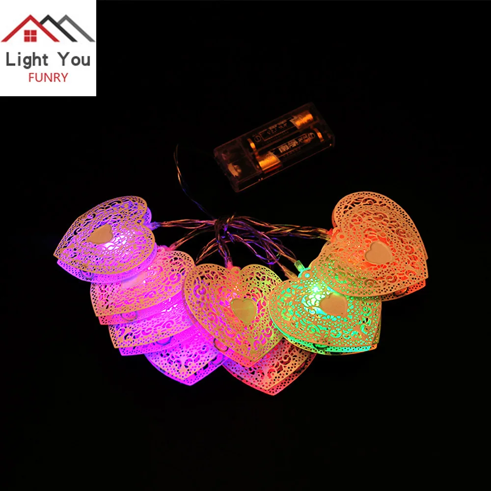 

1.2M 10LED white lacquer wrought iron hollow heart decoration lights string battery box love Christmas decoration lights