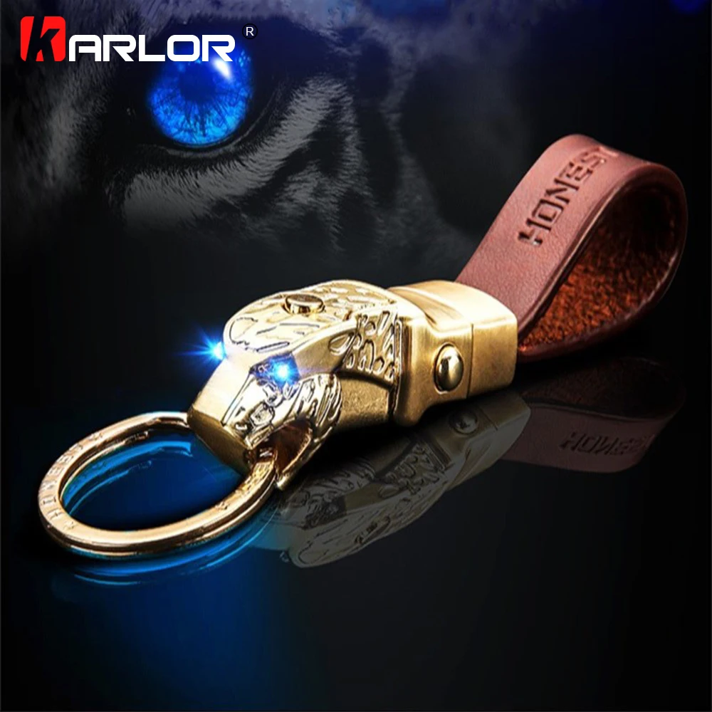 Creative LED Light Leopard Head Model Keychain Real Cowhide Key Holder Car Keyring Automobile Car Styling Car Accessories Gifts