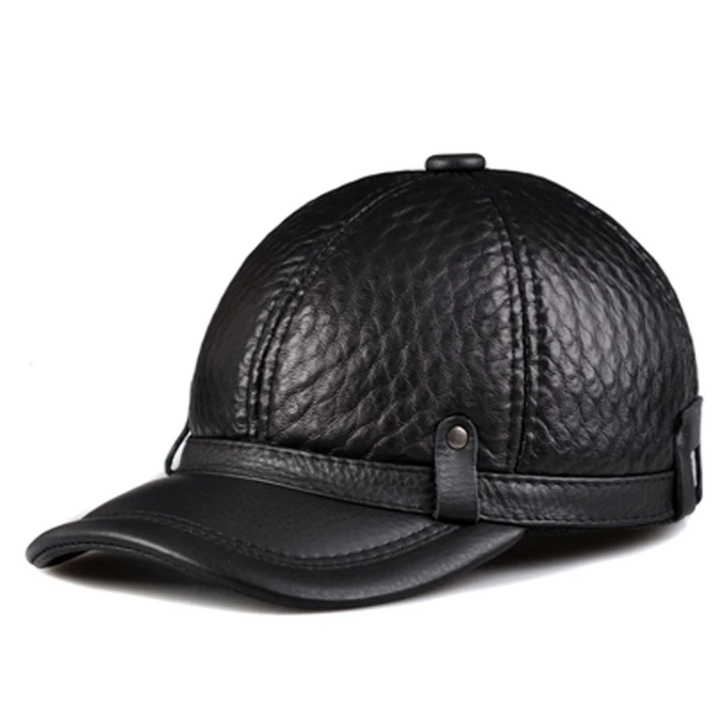 RY131 Male 2023 Spring/Winter Genuine Leather Cowhide Head Protection Baseball Caps Black Plaid Embossing Adjustable Hat For Man