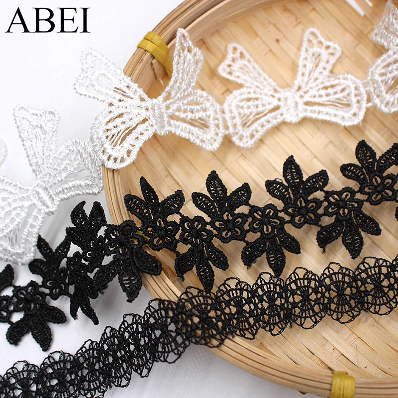 5yards/lot Black flower Lace Trims White Bow Embroidery  Polyester Lace Ribbon Diy Sewing Garments Hometexile Fabric Ornaments