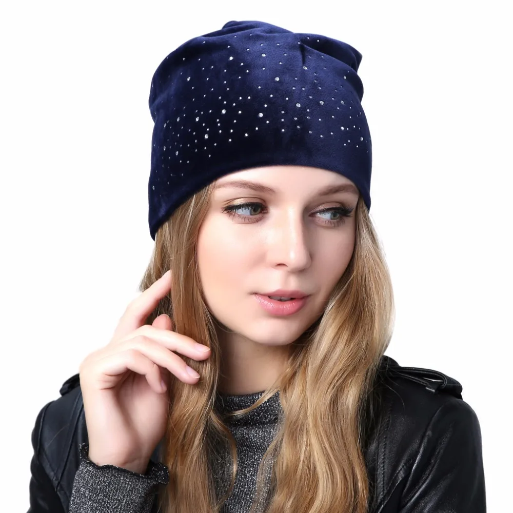 Geebro Women\'s Velour Rhinestones Beanies Hat Spring Polyester Slouchy Beanie for Women Plain Color Skullies Bonnet Cap