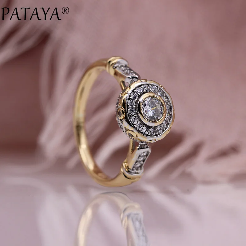 PATAYA New 585 Rose Gold Color Lovely Carved Natural Zircon Rings Women Fashion Jewelry Wedding Fine Craft Hollow Round Ring