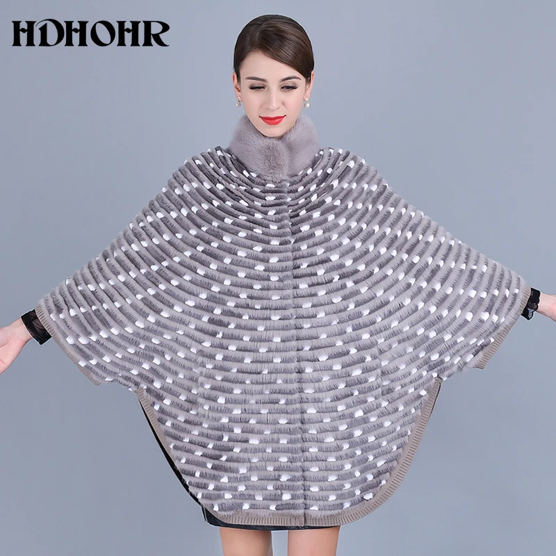 HDHOHR 2025 abrigo de piel de visón auténtica para mujer, abrigos de visón tejidos naturales, manga de murciélago, chaquetas de piel con cuello mandarín cálidas para invierno