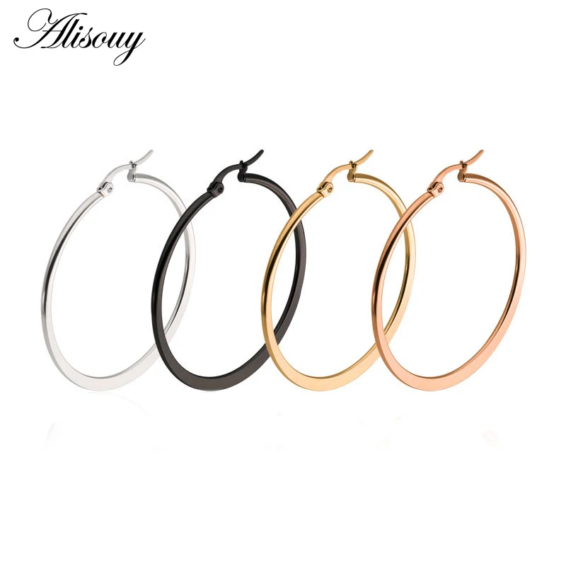 Alisouy 1 Pair Sexy Women Hypoallergenic 316L Stainless Steel Rounded Oval Smooth flat Big Large Hoop Earrings Jewelry 20-60mm