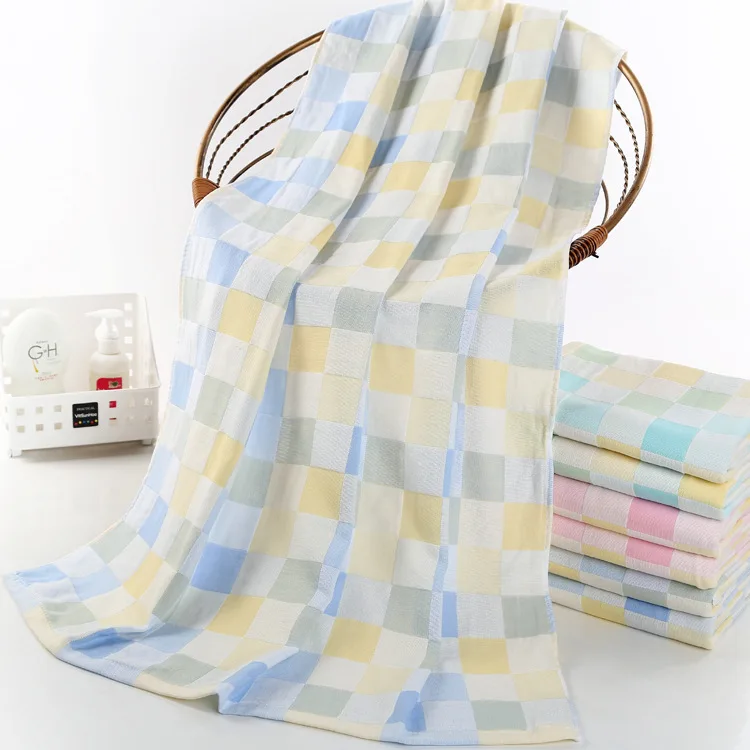 

YMQY Drop Ship 100% cotton bath towel double layer gauze plaid baby towel Thin easy to dry terry gauze towel Adult kid