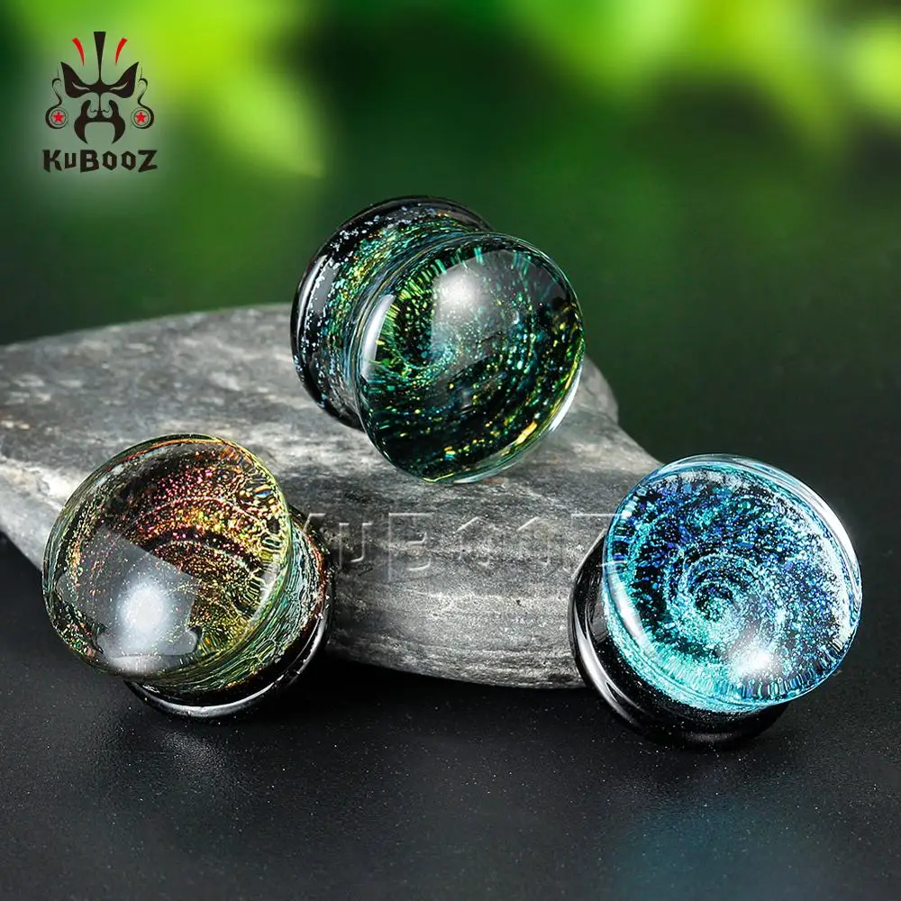 KUBOOZ Fashion Glass Galaxy Ear Tunnels Gauges Piercing Earring Plugs Strechers Body Jewelry Expanders 2PCS