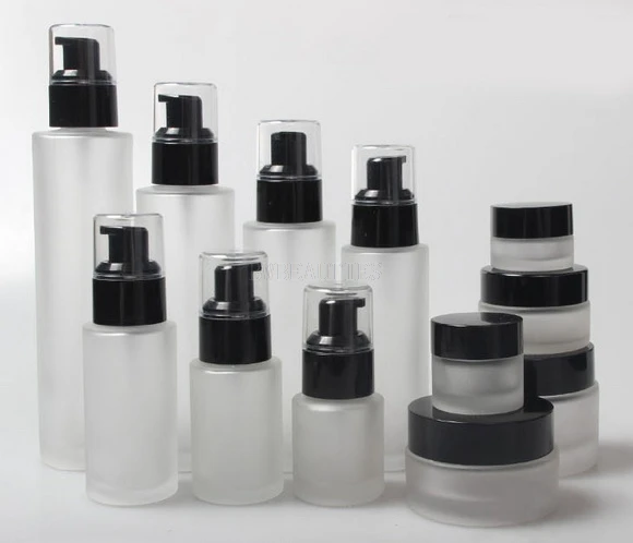 

20/30/40/60/80/100/120ml Spray Pump Glass Bottle 5g,10g,20g,,30g,50g Cream Glass Jar Black cap Empty Cosmetic Packing Container