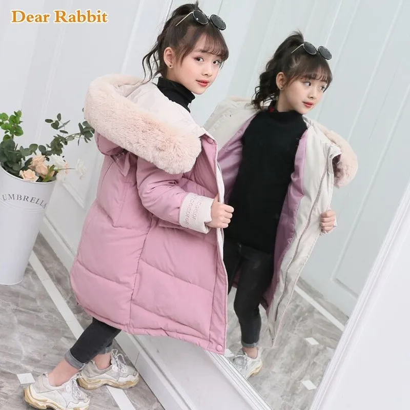 2024 Fashion Children Winter down cotton Jacket Girl clothing Kids clothes Warm Thick parka Fur Collar Hooded long Coats 3-14Y