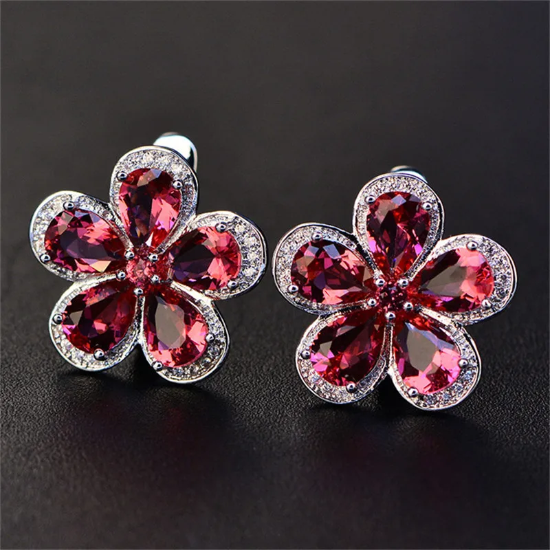 Clip Earrings For Women S925 Flower Artificial Ruby Ear Studs Vintage Bridal Wedding Brincos Fine Jewelry