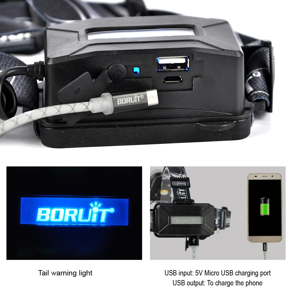 BORUiT B13 Super Bright Zoom Headlamp LED 1200LM Headlight Rechargeable Power Bank Head Torch Waterproof Camping Lantern