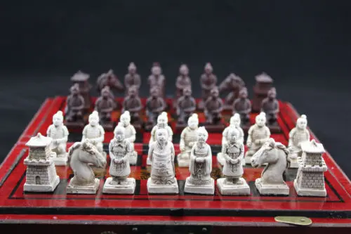 (32 Pieces) Elaborate Chinese Classical Wooden Manual Terracotta Warriors Chess  , With Red Box