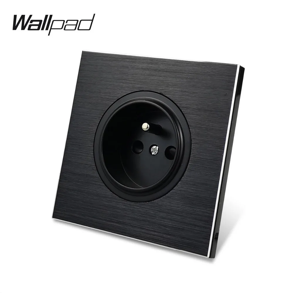 Wallpad L6 Black Satin Metal French Wall Electrical Power Socket Round Brushed Aluminum, 86 * 86 mm