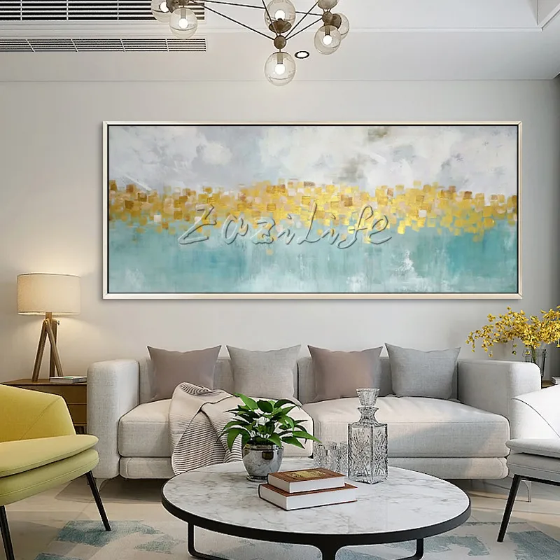 

Abstract gold art painting ice blue flower quadro caudros decoracion Wall art Pictures for living room home decoration pictures