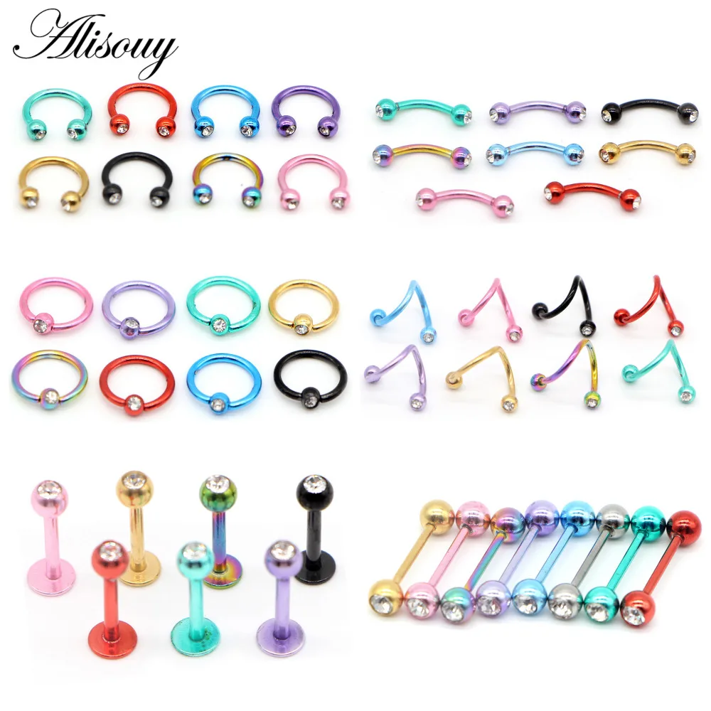 Alisouy 1pc 16G Anodized Stainless Steel Crystal Body Jewelry Helix Piercing Ear Eyebrow Nose Lip Labret Nipple Captive Rings