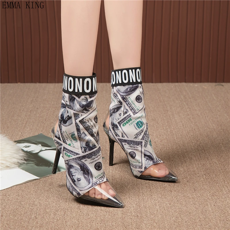 2023 Dollar Print Women Short Sock Boots Fashion PVC Pointed Toe Ankle Booties Fashion Stilettos High Heels Woman Winter Shoes