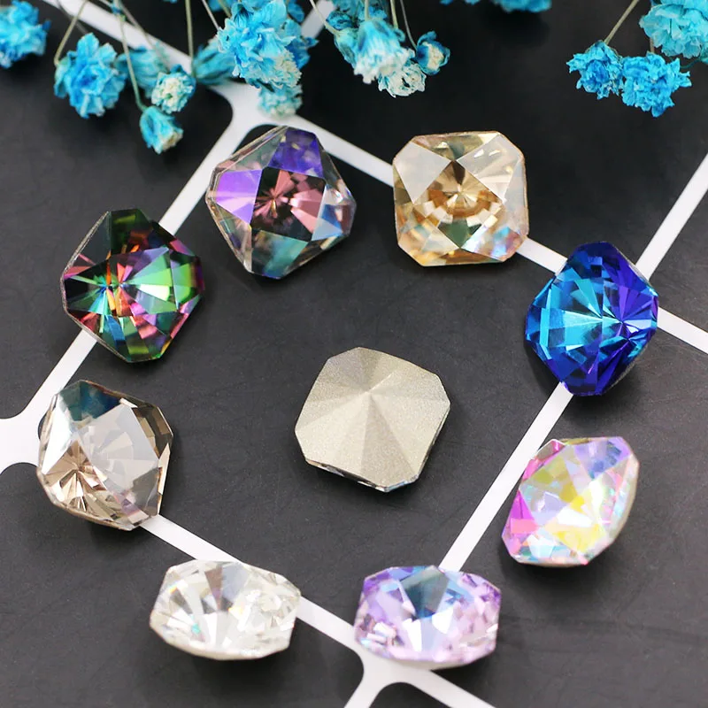 New arrival glass pointback rhinestones high quality Square octagon crystal glue on rhinestones for nail/earring