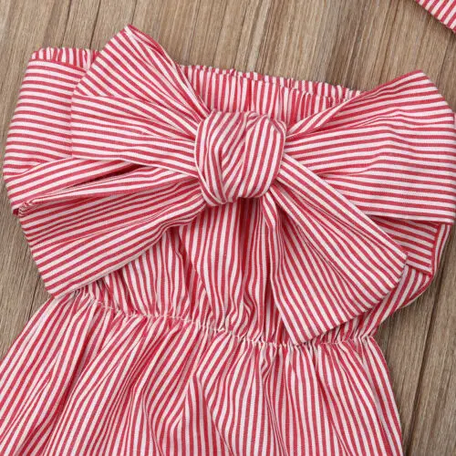 Newborn Baby Girl Bow Striped Bodysuit Jumpsuit Headband 2Pcs Toddler Kids Summer Outfit Rompers Playsuit Cotton Holiday Sunsuit