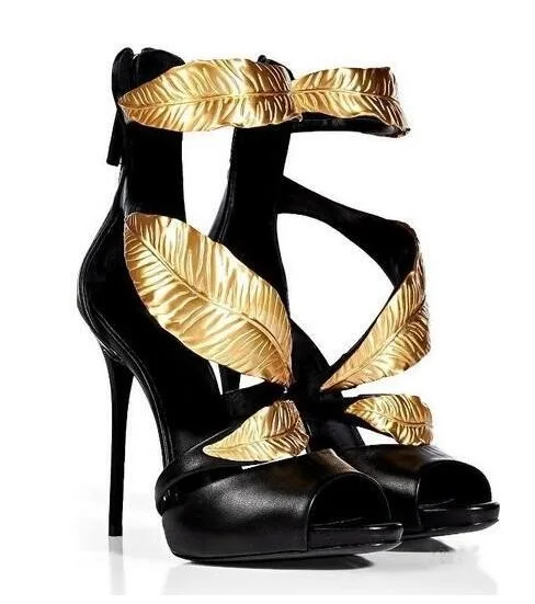 Gullick Big Size Gold Leaves Sandals High Heel Cut Outs Ankle Wrap Open Toe Summer Dress Shoes Zipper Thin Heels Cage Shoes