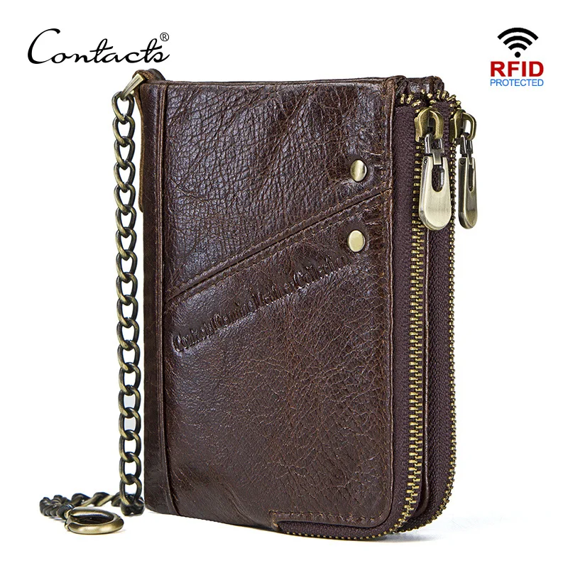 CONTACT'S Genuine Leather Wallets for Men RFID Short Wallet Zipper Men's Small Coin Purse Male Portomonee Card Holder Man Wallet