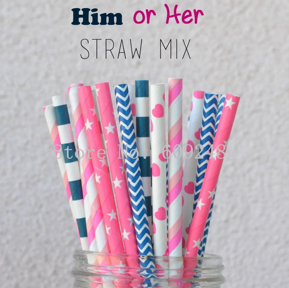 125 Pcs Mixed Colors Him or Her Paper Straws,Hot Pink Star,Heart,Double Striped,Navy Chevron,Sailor Stripe,Gender Reveal Party