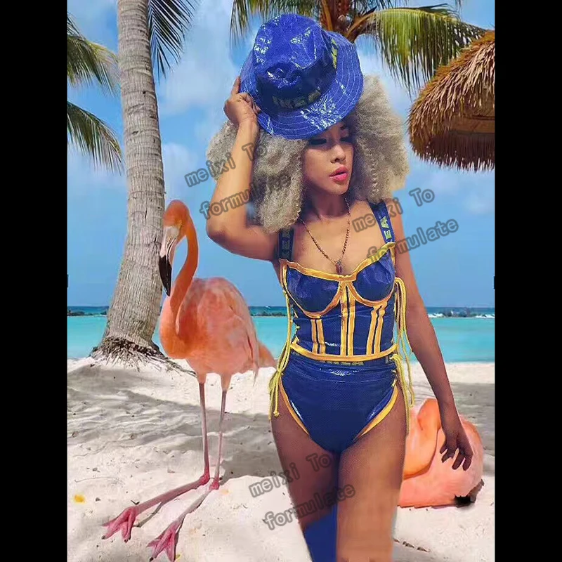 

Sexy blue jumpsuit yellow letter and hat combo bar nightclub concert singer dancer costume