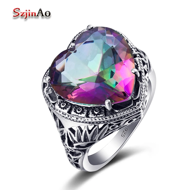 

Szjinao Heart Shaped Rainbow Mystic Topaz Solid 925 Sterling Silver Big Stone Rings for Women Valentines Day Love You