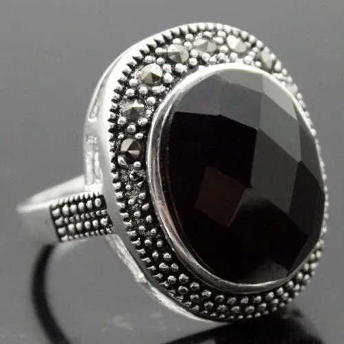 

17*21mm RARE NATURAL FACETED BLACK Natural Jade MARCASITE 925 SILVER RING SIZE 6/7/8/9